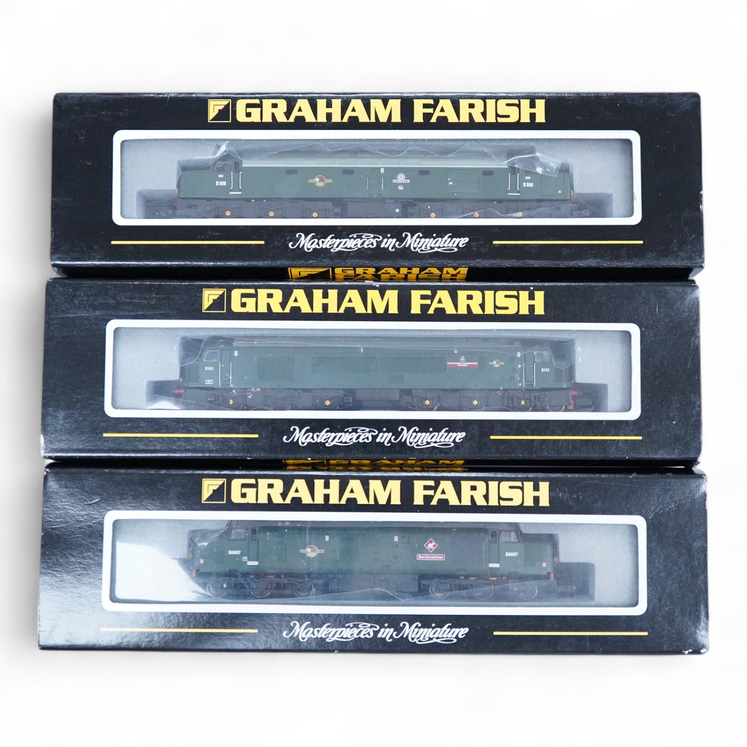 Three boxed Graham Farish N gauge railway diesel locomotives; a BR class 37/4, Ben Cruachan D6607 (371156), a BR class 40, Atlantic Conveyor D306 (371-175), and a BR class 46, Leicestershire and Derbyshire Yeomanry D163